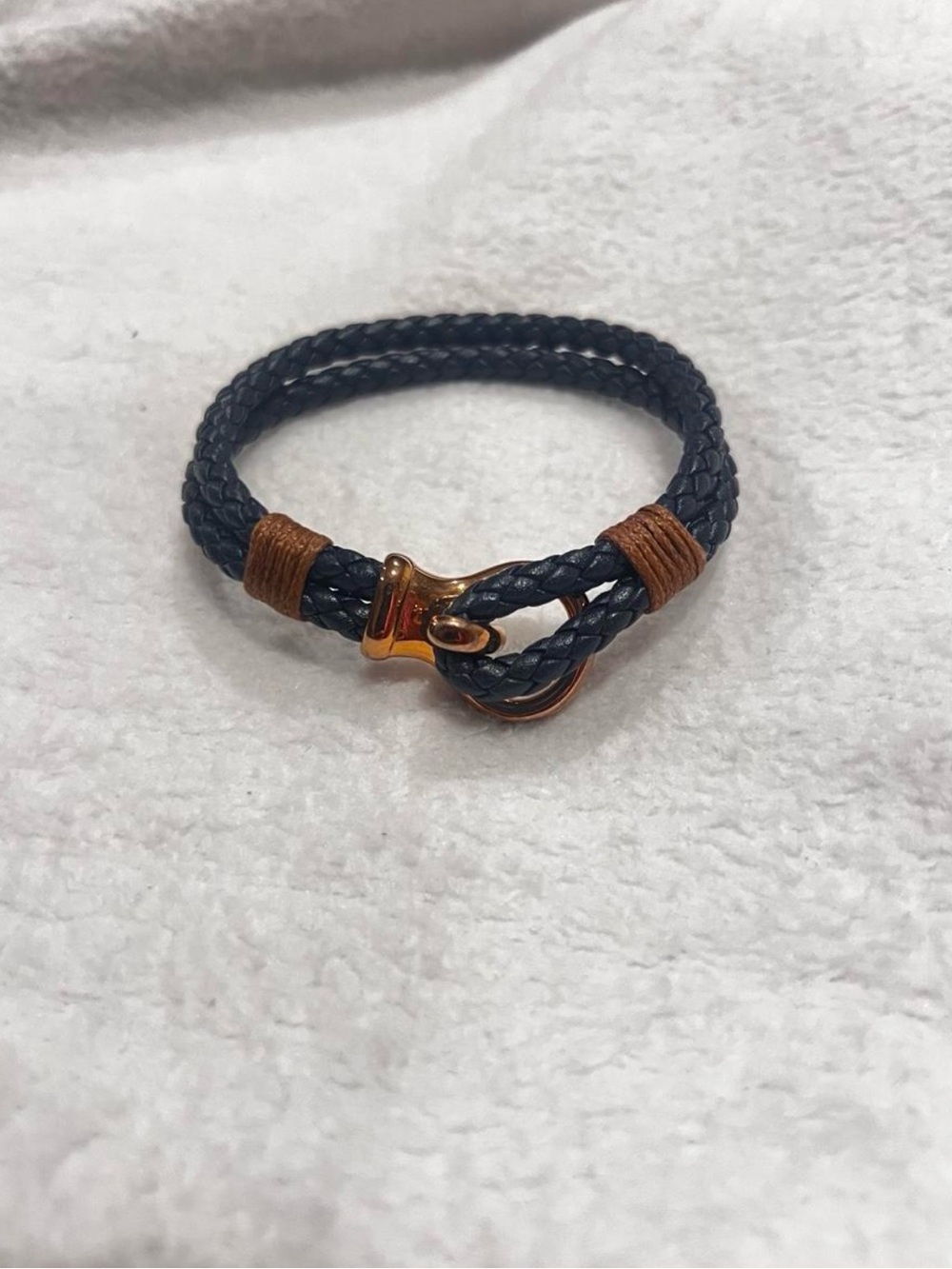 Source Unknown Navy Braided Leather Bracelet with Gold Hook and Brown Wraps